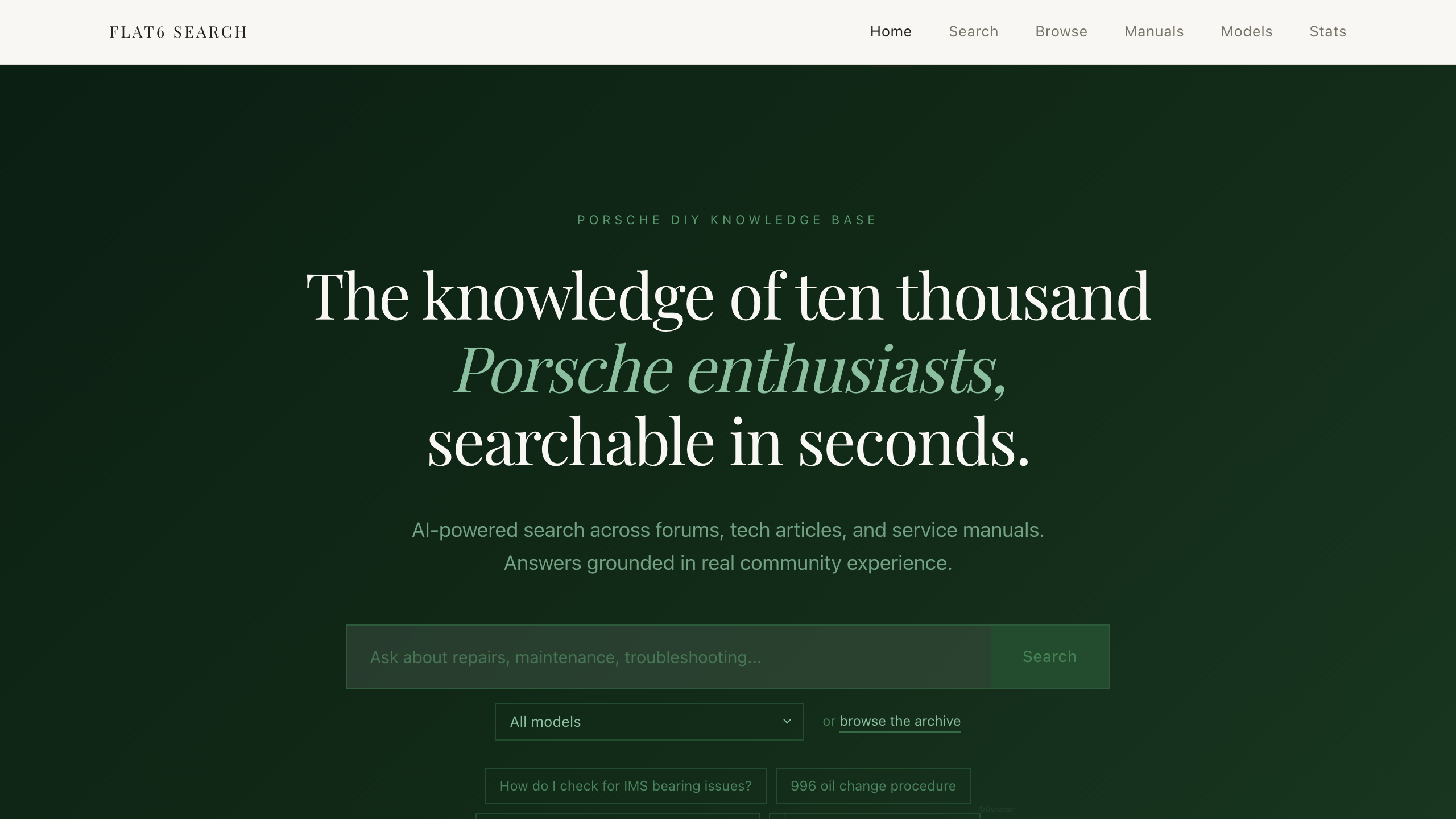 flat6ai.com — The knowledge of ten thousand Porsche enthusiasts, searchable in seconds.