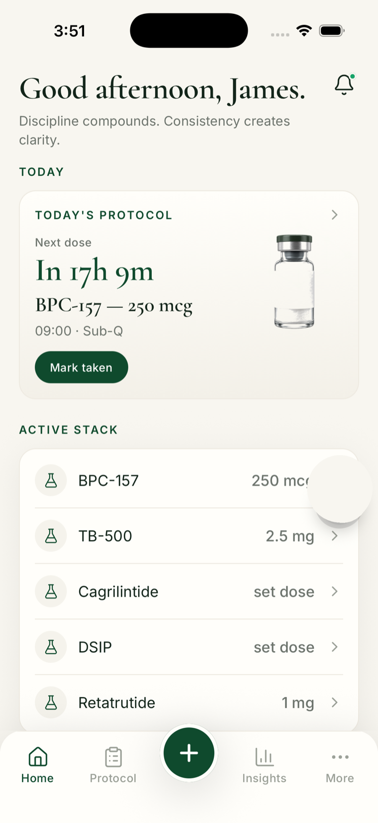 Peptide Companion — daily protocol dashboard with next dose and active stack.