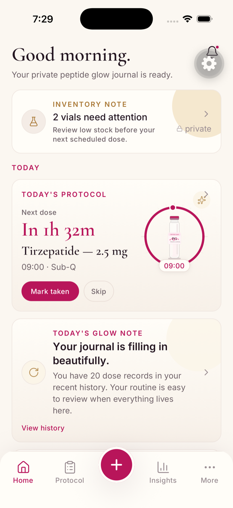 Peptide Glam — private peptide journal home with today’s protocol.